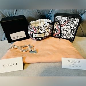 Gucci Sterling Silver GG design Heart Charm Bracelet